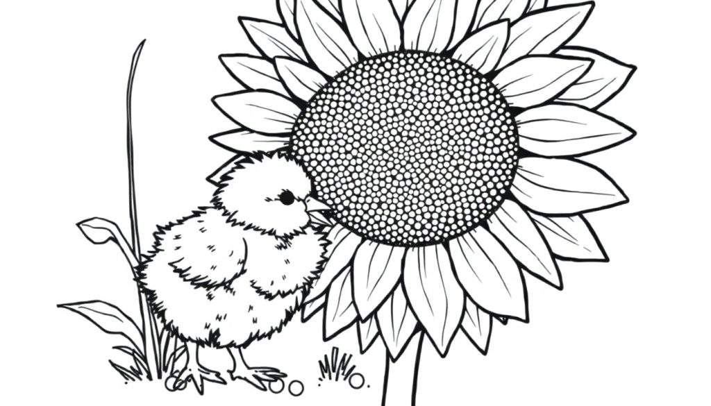 A fluffy chick pecking a sunflower, a fun color panel for kids.