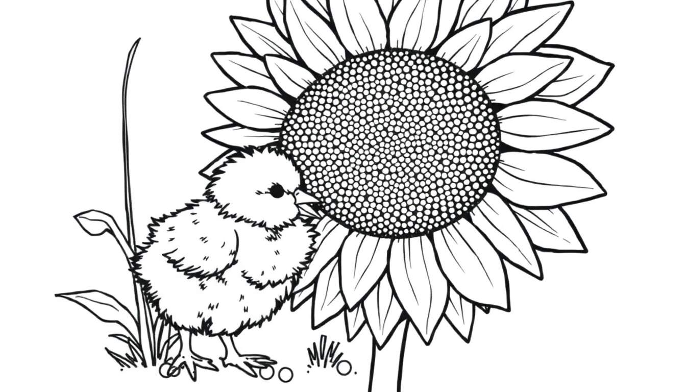 A fluffy chick pecking a sunflower, a fun color panel for kids.
