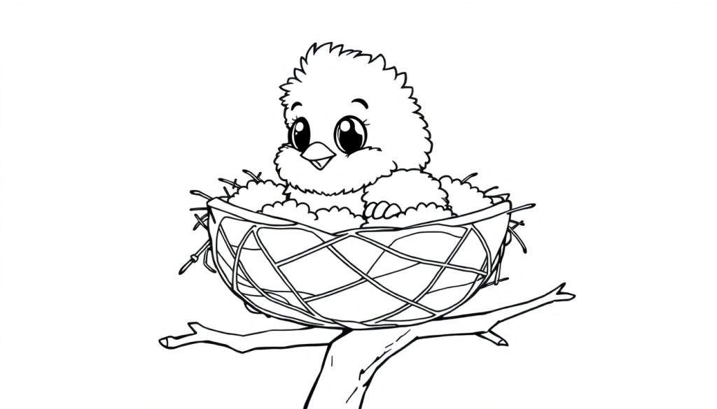 A cute black and white cartoon chick peeking out of its nest on a branch, ready for a color panel adventure.