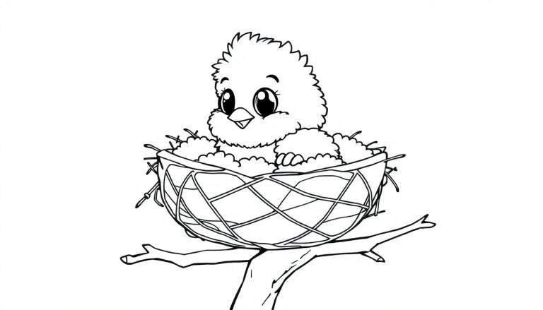 A cute black and white cartoon chick peeking out of its nest on a branch, ready for a color panel adventure.