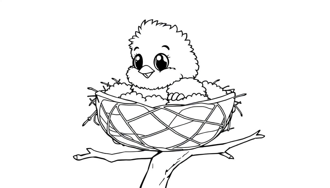 A cute black and white cartoon chick peeking out of its nest on a branch, ready for a color panel adventure.