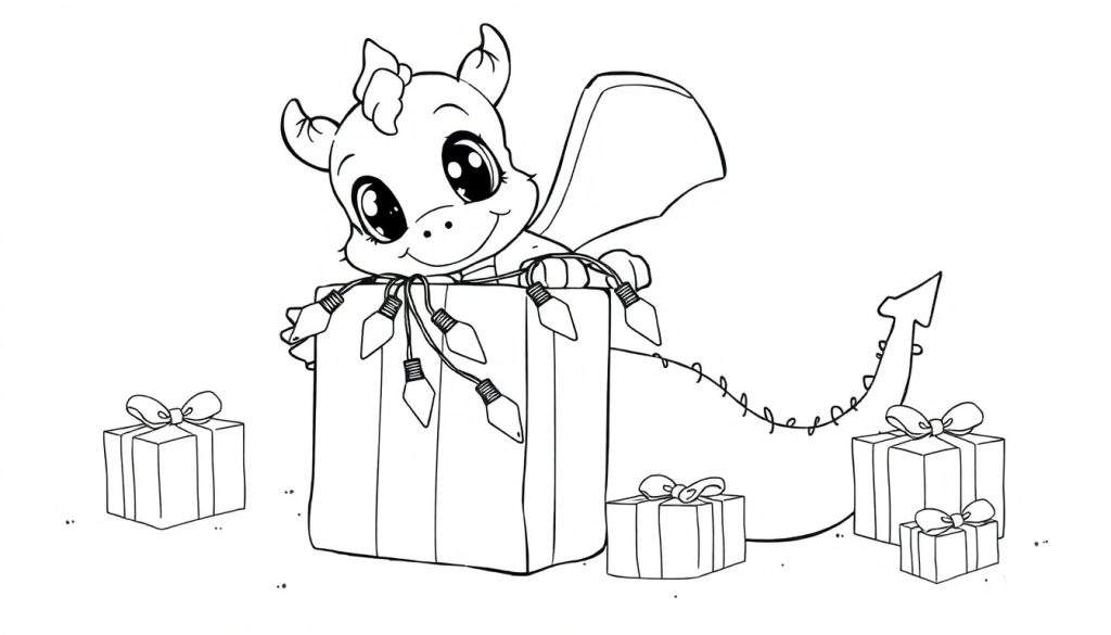 A cute baby dragon in a Christmas present, ready for coloring, a delightful color panel.
