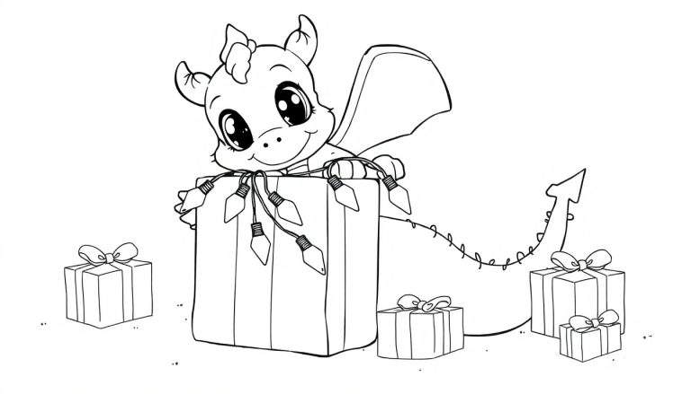 A cute baby dragon in a Christmas present, ready for coloring, a delightful color panel.