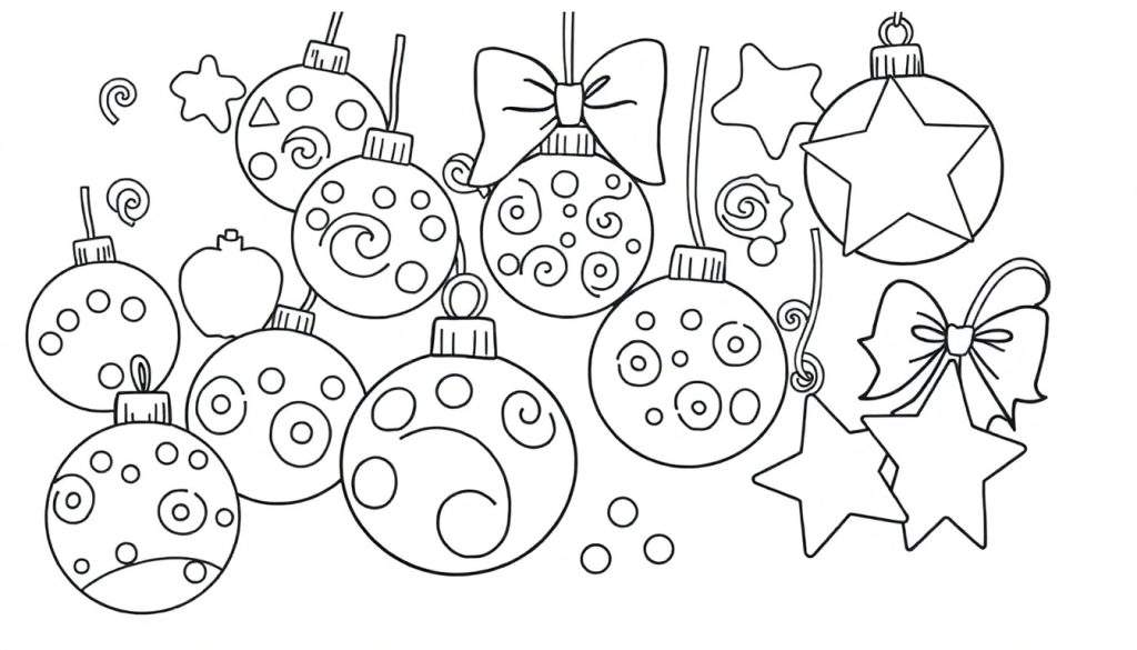 A black and white Christmas ornament color panel illustration with sparkly baubles and ribbons.