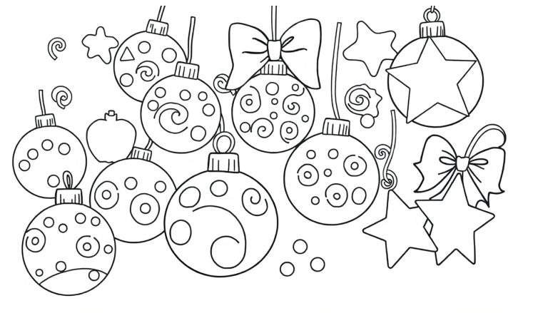 A black and white Christmas ornament color panel illustration with sparkly baubles and ribbons.