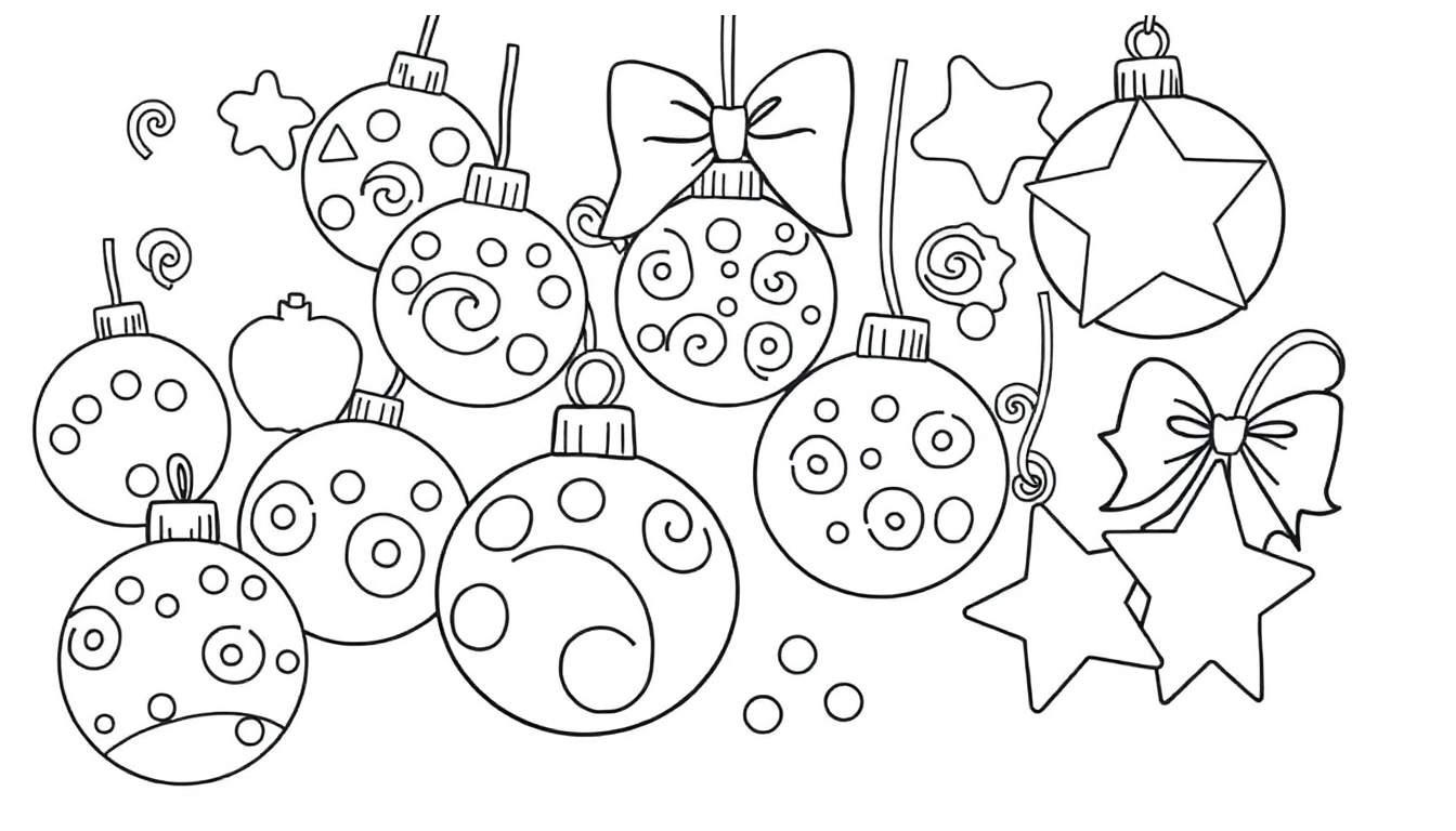 A black and white Christmas ornament color panel illustration with sparkly baubles and ribbons.
