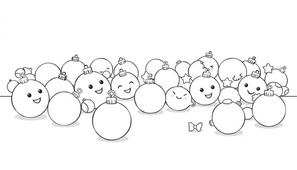 A charming color panel illustration of smiling cartoon Christmas ornaments, with one winking. A small bow tie sits in front. The background is plain white.