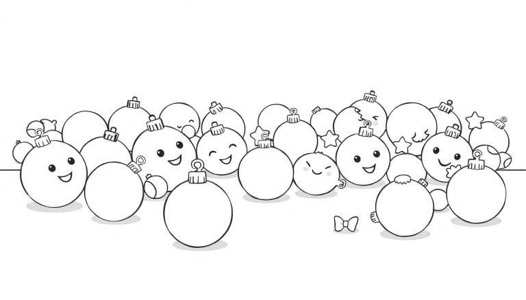 A charming color panel illustration of smiling cartoon Christmas ornaments, with one winking. A small bow tie sits in front. The background is plain white.