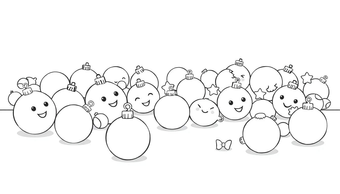 A charming color panel illustration of smiling cartoon Christmas ornaments, with one winking. A small bow tie sits in front. The background is plain white.