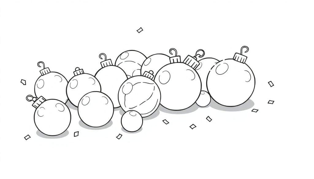 Black and white line drawing of Christmas ornaments and confetti, a coloring panel for kids.