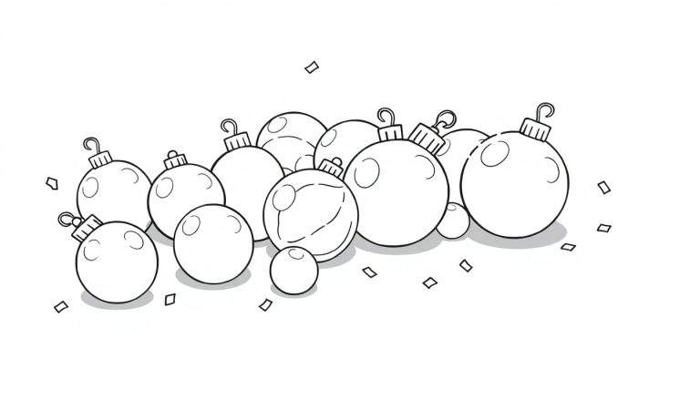 Black and white line drawing of Christmas ornaments and confetti, a coloring panel for kids.