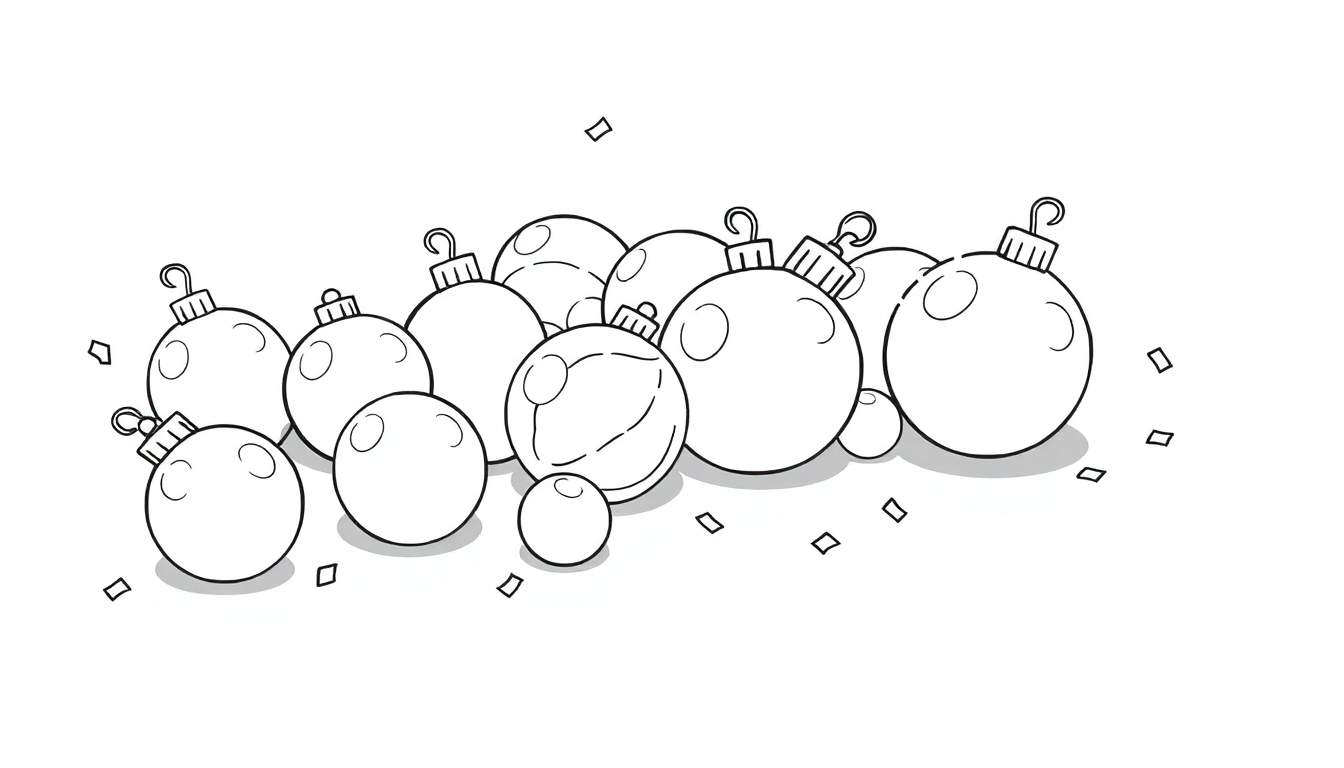 Black and white line drawing of Christmas ornaments and confetti, a coloring panel for kids.