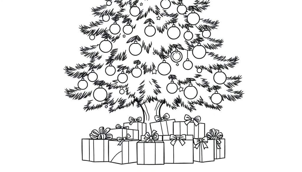 A happy Christmas tree outline with ornaments and presents underneath, ready for the color panel.