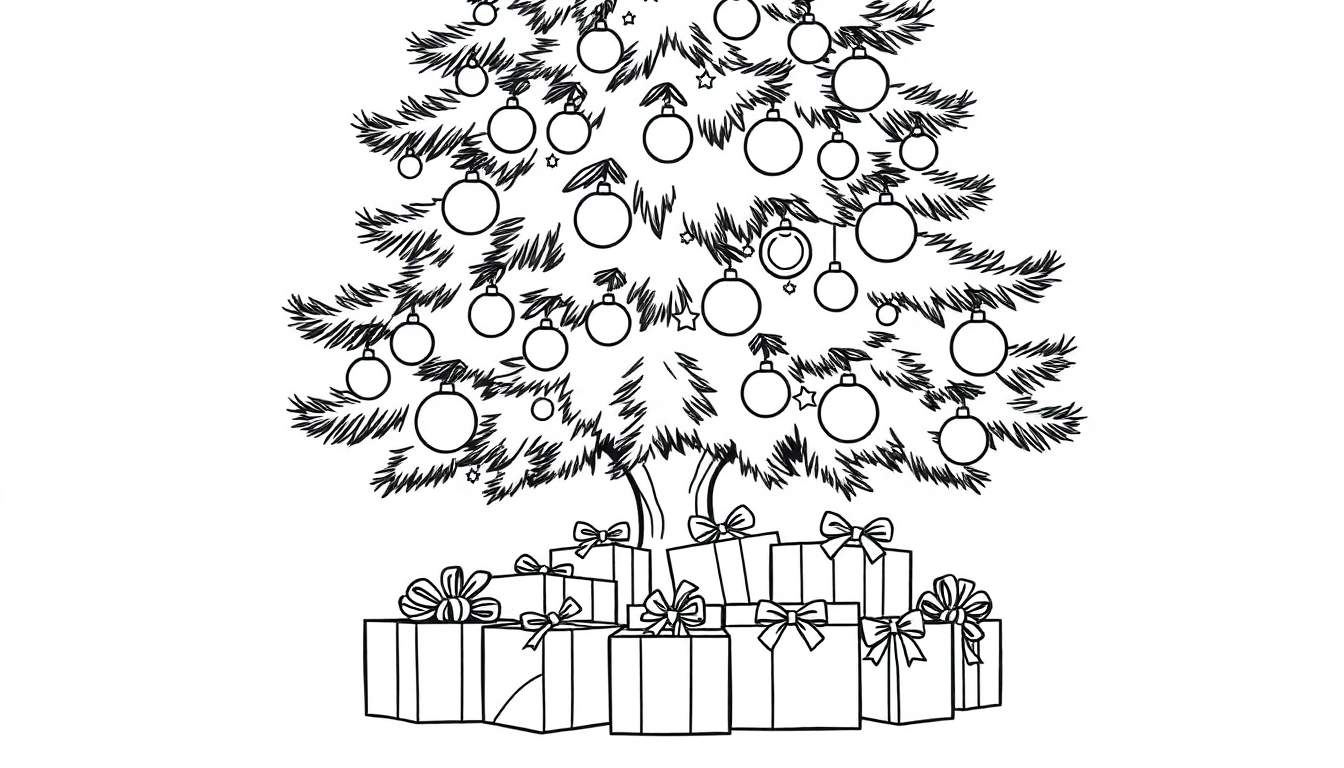A happy Christmas tree outline with ornaments and presents underneath, ready for the color panel.