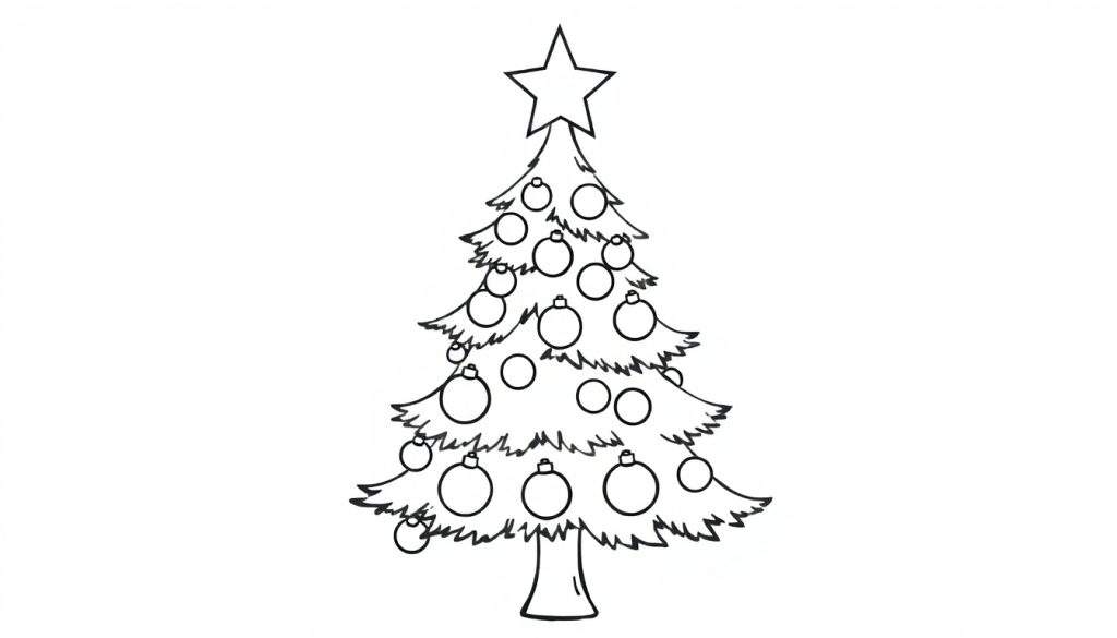 A cute black and white Christmas tree color panel with a star and ornaments.