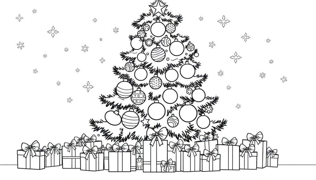 A black and white drawing of a Christmas tree surrounded by gifts and snowflakes, ready for coloring in this color panel.