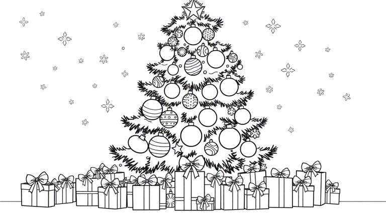 A black and white drawing of a Christmas tree surrounded by gifts and snowflakes, ready for coloring in this color panel.