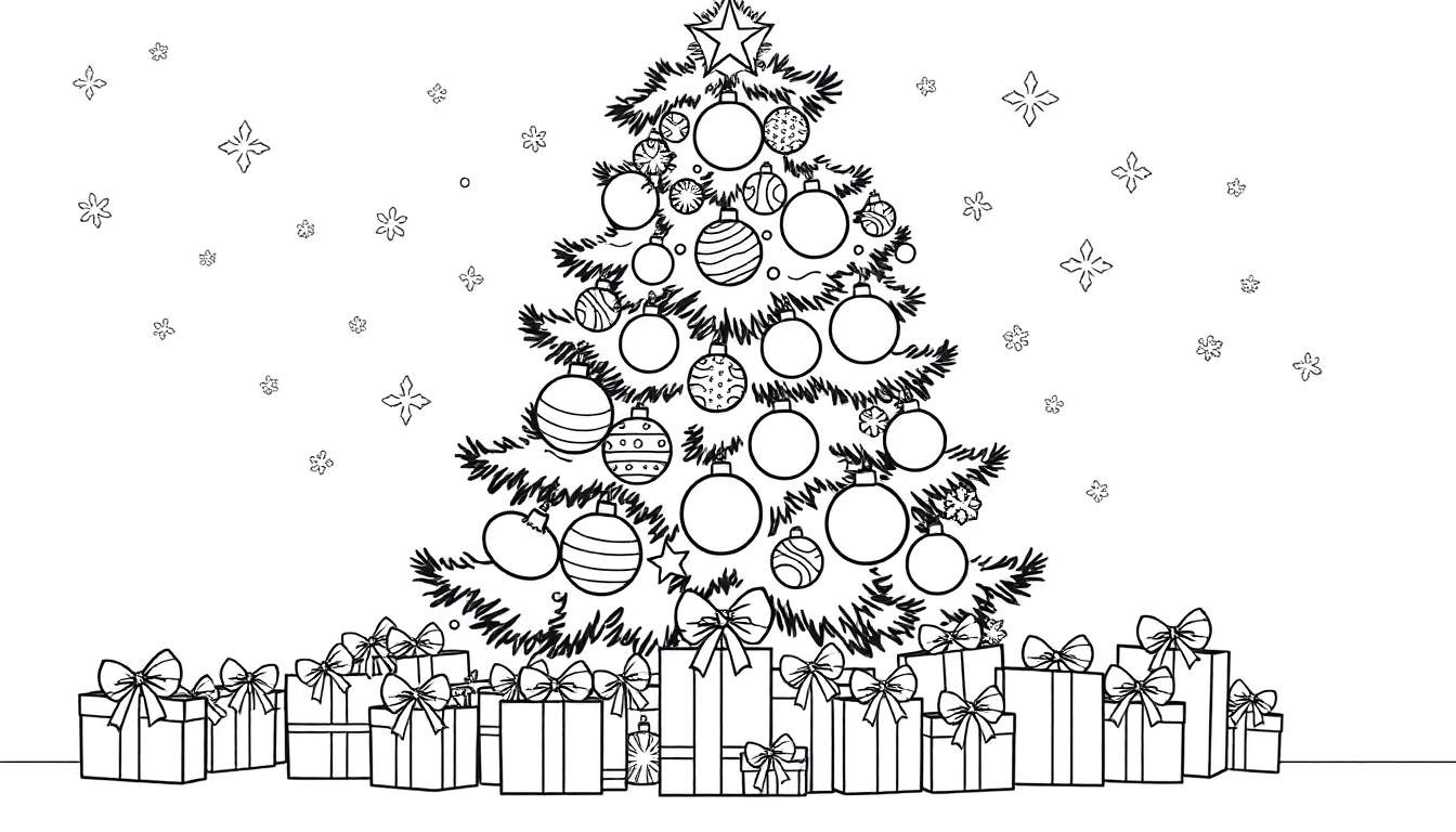 A black and white drawing of a Christmas tree surrounded by gifts and snowflakes, ready for coloring in this color panel.