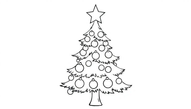 A cute black and white Christmas tree color panel with a star and ornaments.