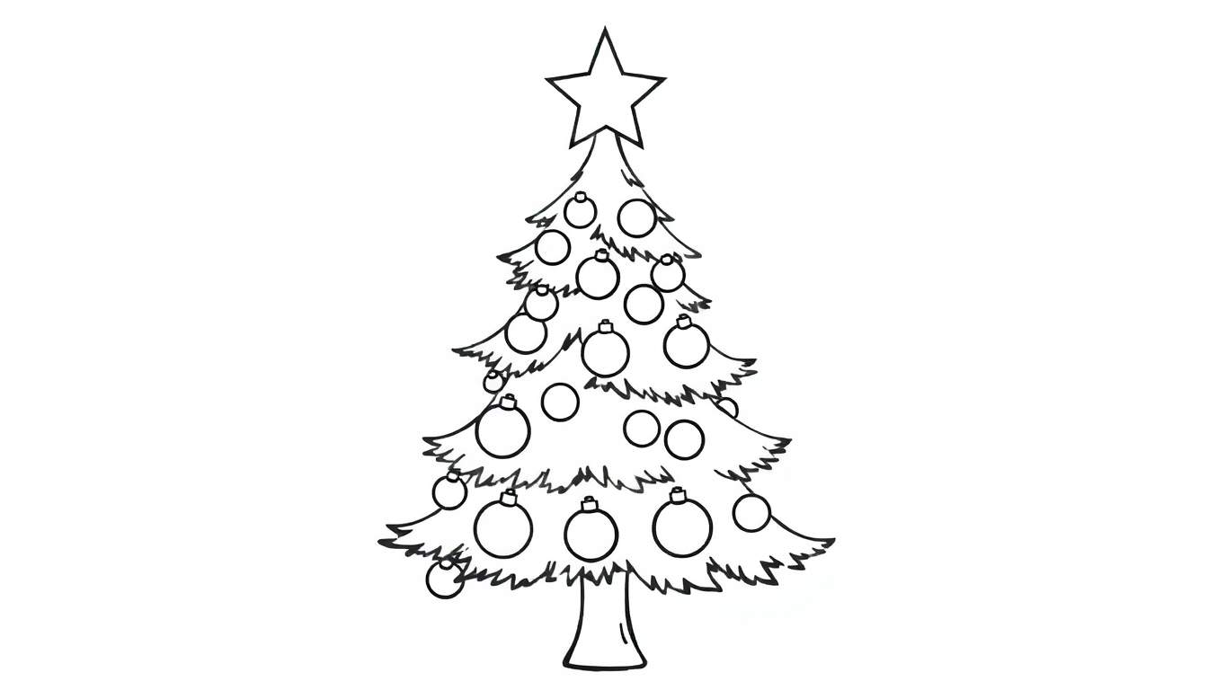 A cute black and white Christmas tree color panel with a star and ornaments.