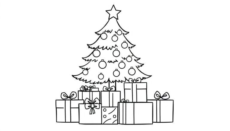 A cute black and white Christmas tree coloring panel with presents.