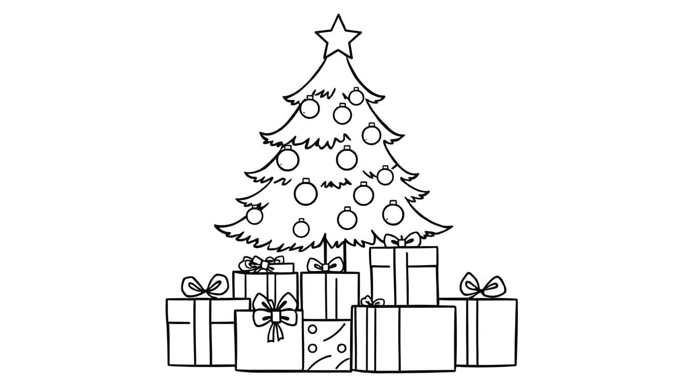 A cute black and white Christmas tree coloring panel with presents.