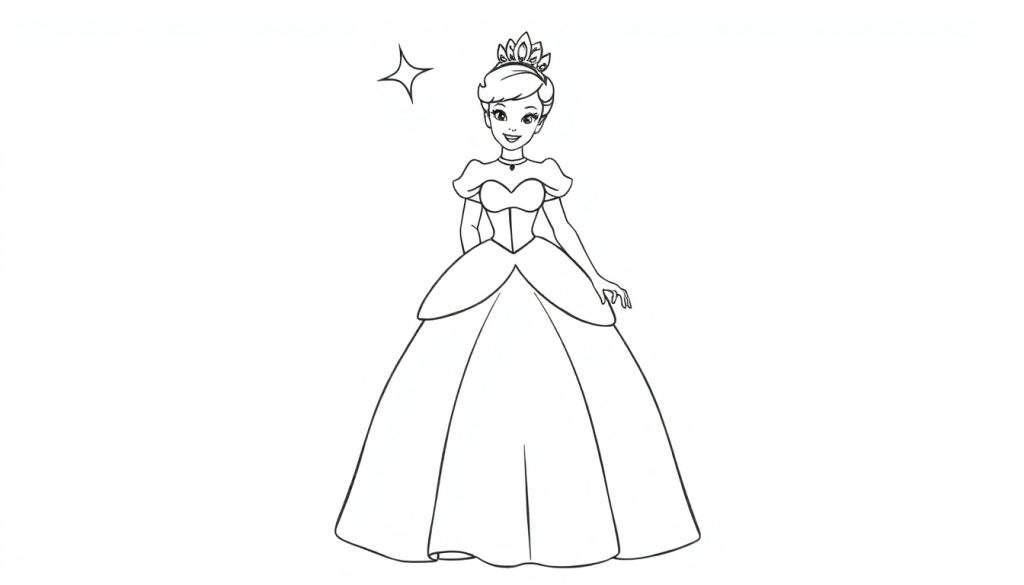 Cinderella coloring panel in her ball gown with a crown and a star.