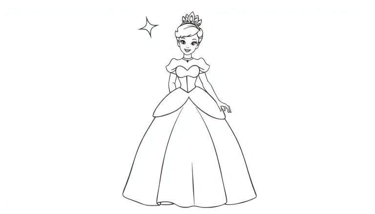 Cinderella coloring panel in her ball gown with a crown and a star.