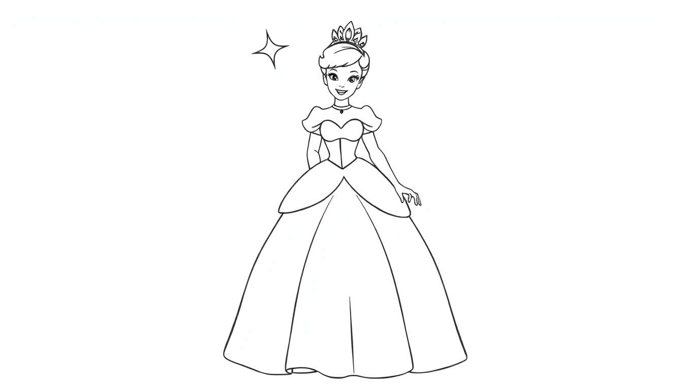 Cinderella coloring panel in her ball gown with a crown and a star.