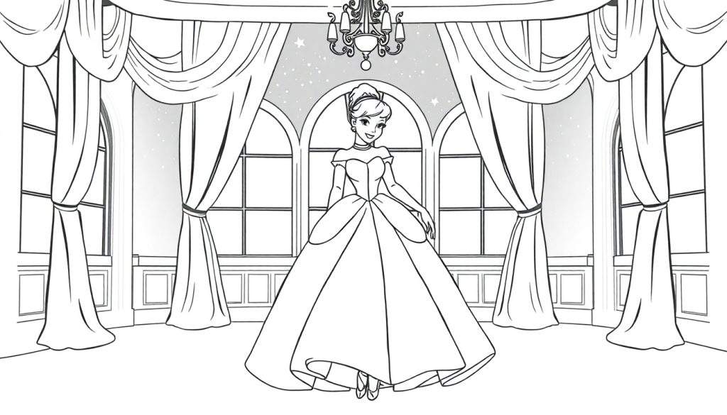 Cinderella dancing in a ballroom, a color panel for a coloring page.