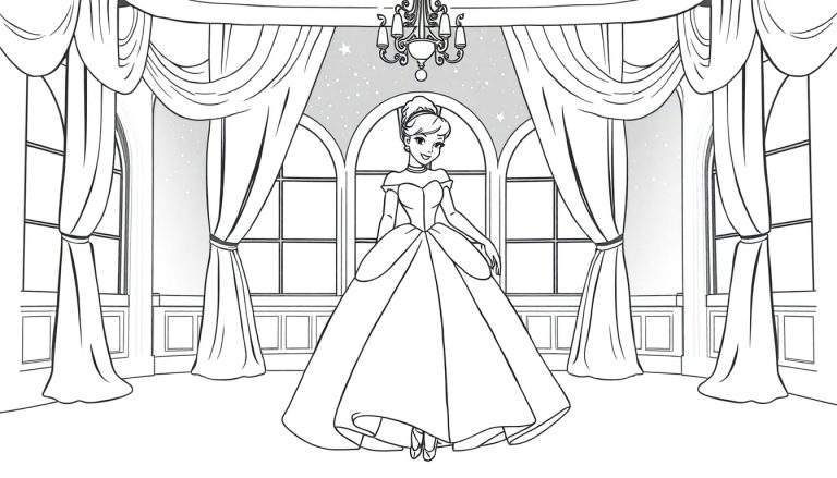Cinderella dancing in a ballroom, a color panel for a coloring page.