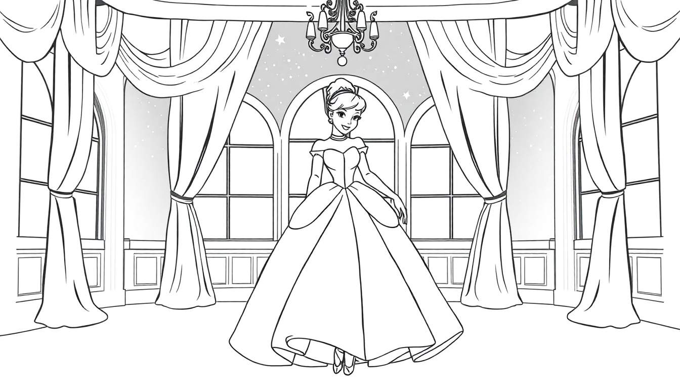 Cinderella dancing in a ballroom, a color panel for a coloring page.