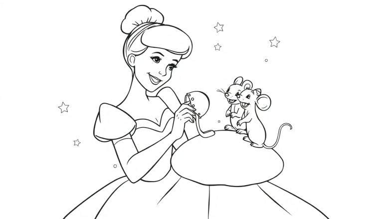 Cinderella working on a sewing project with two happy mice friends, in a black and white color panel.