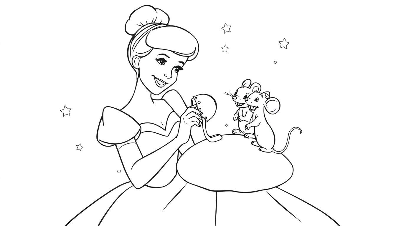 Cinderella working on a sewing project with two happy mice friends, in a black and white color panel.