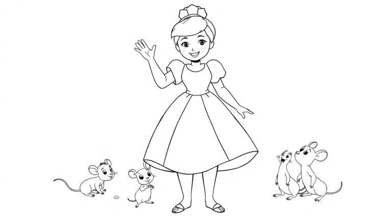 Cinderella waving hello with her mouse friends in a black and white color panel.