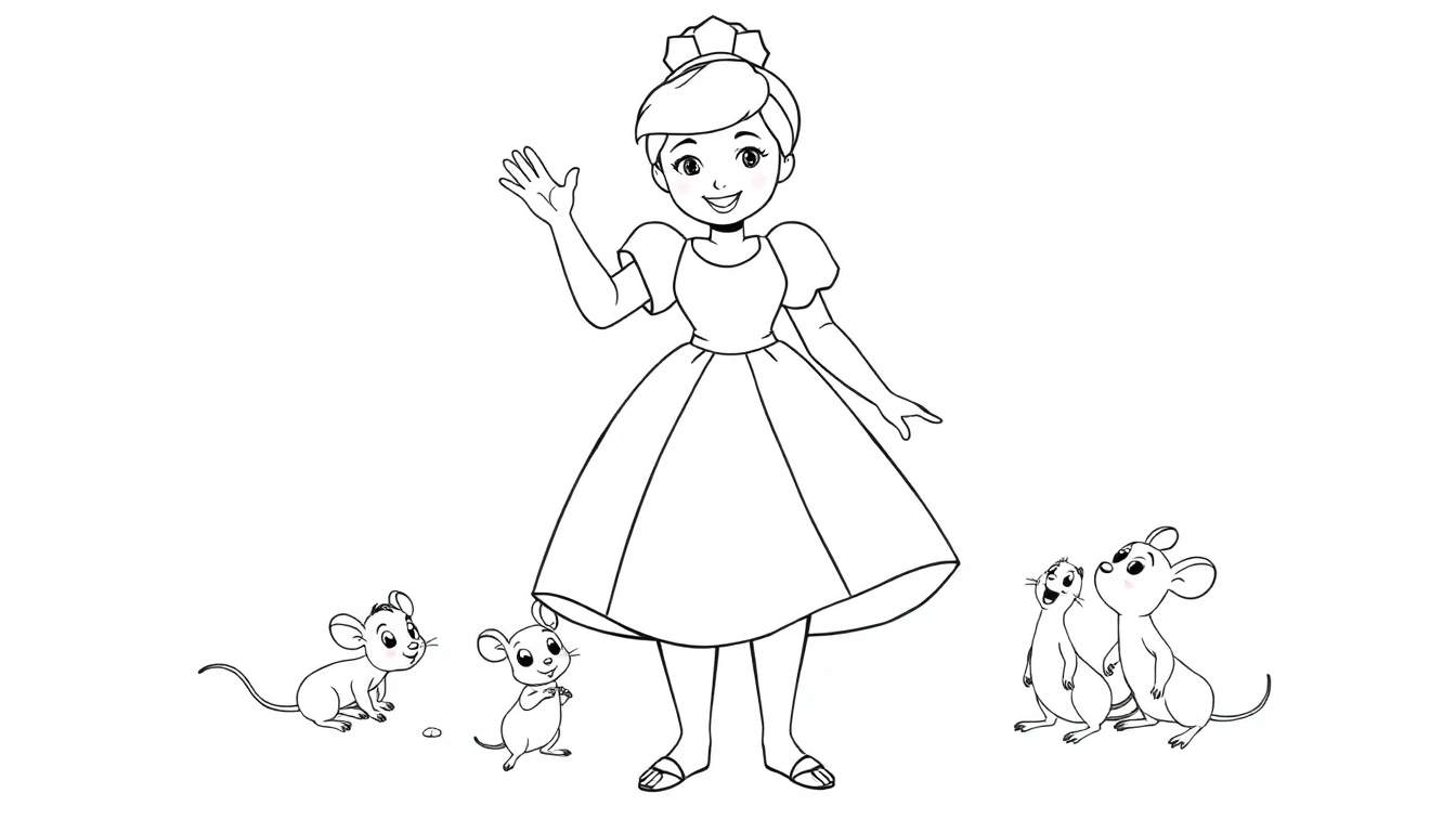 Cinderella waving hello with her mouse friends in a black and white color panel.