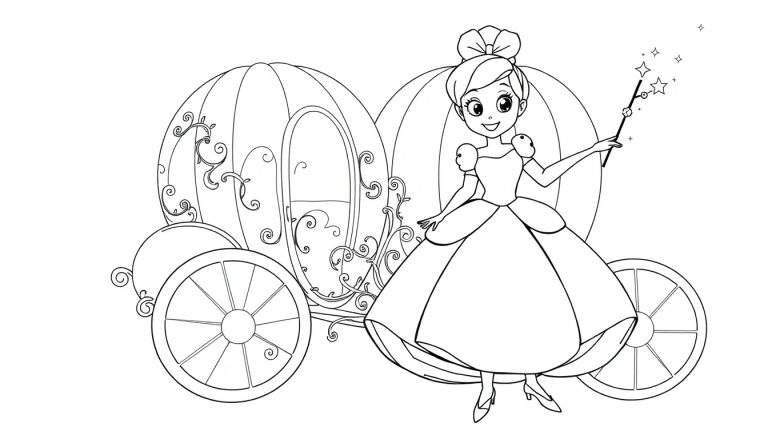 Cinderella coloring panel with a girl in a formal dress holding a wand near a pumpkin carriage.