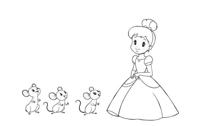 Cinderella ready to color in her ball gown with her mouse friends, a delightful color panel for kids.