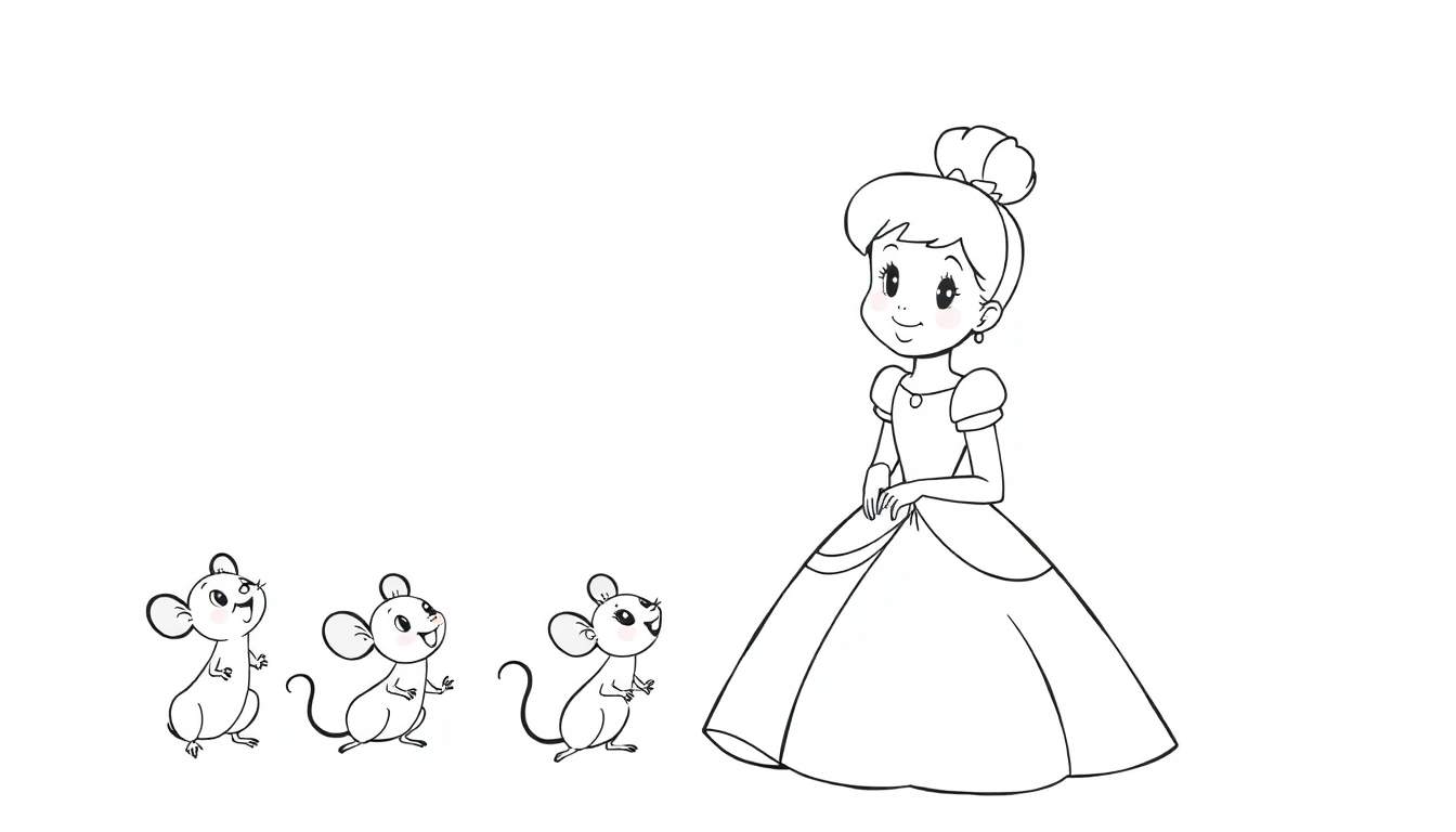 Cinderella ready to color in her ball gown with her mouse friends, a delightful color panel for kids.