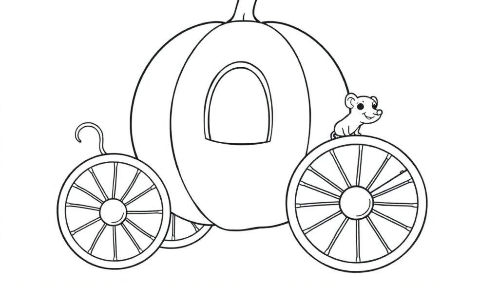 A black and white coloring page of Cinderella's pumpkin carriage with a mouse on the wheel, ready for coloring fun.