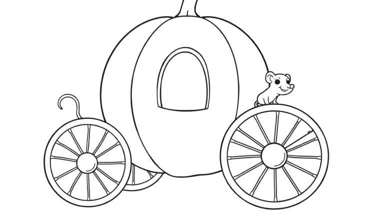 A black and white coloring page of Cinderella's pumpkin carriage with a mouse on the wheel, ready for coloring fun.