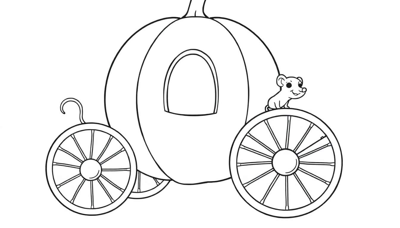 A black and white coloring page of Cinderella's pumpkin carriage with a mouse on the wheel, ready for coloring fun.