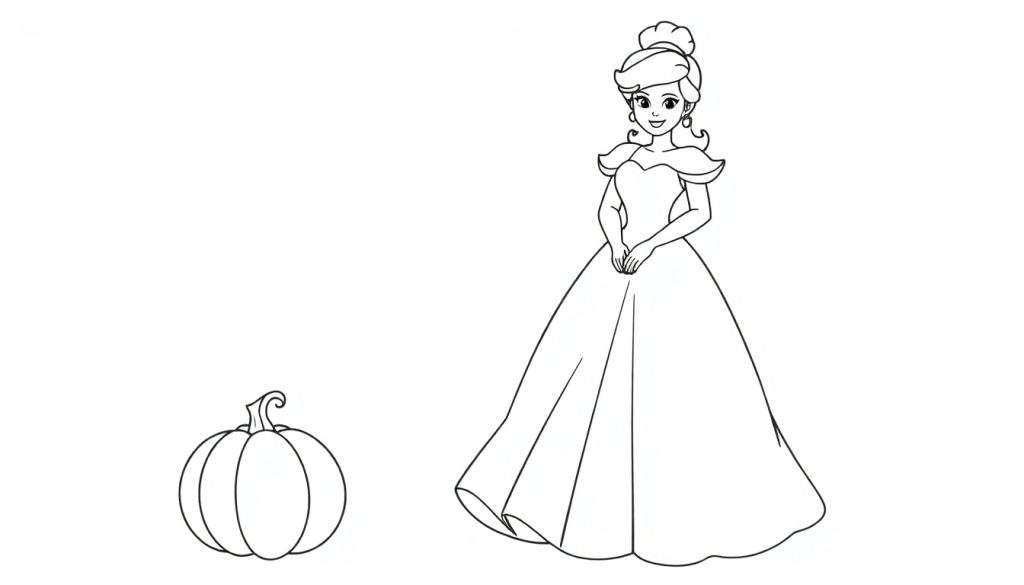 A black and white drawing of Cinderella with her pumpkin, perfect for a color panel.