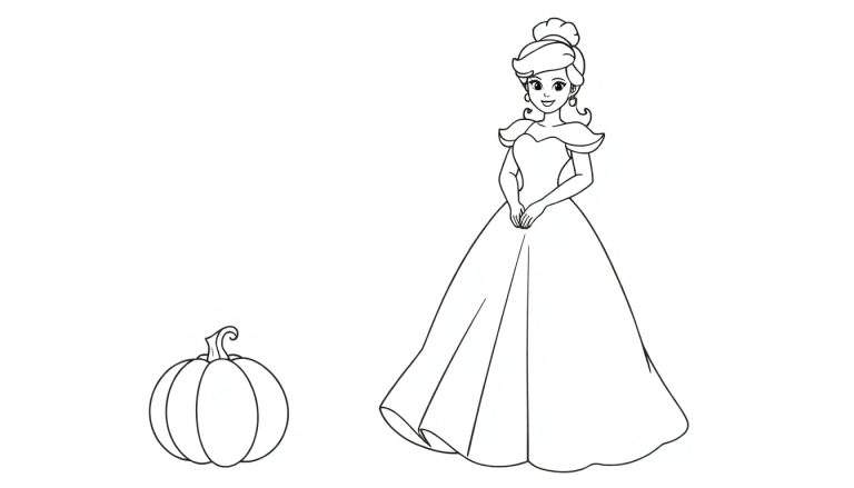 A black and white drawing of Cinderella with her pumpkin, perfect for a color panel.