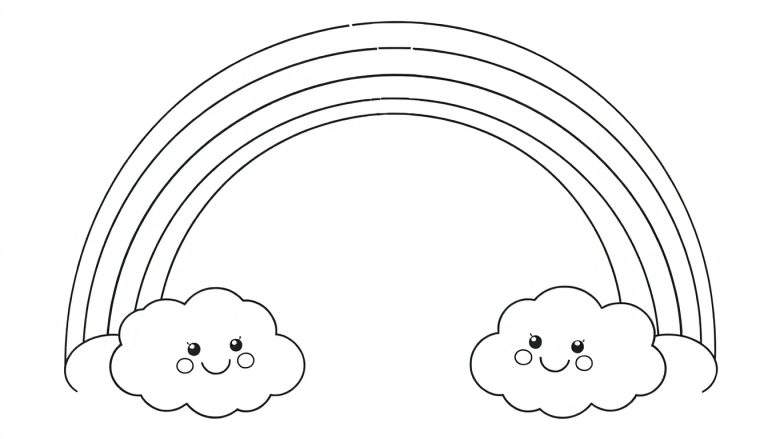 A cute, smiling rainbow with fluffy clouds, ready for coloring. This is a black and white line art color panel.