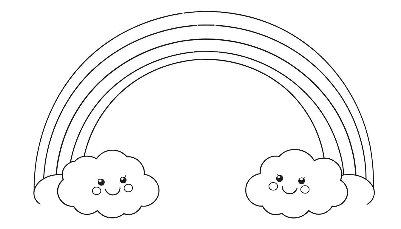 A cute, smiling rainbow with fluffy clouds, ready for coloring. This is a black and white line art color panel.