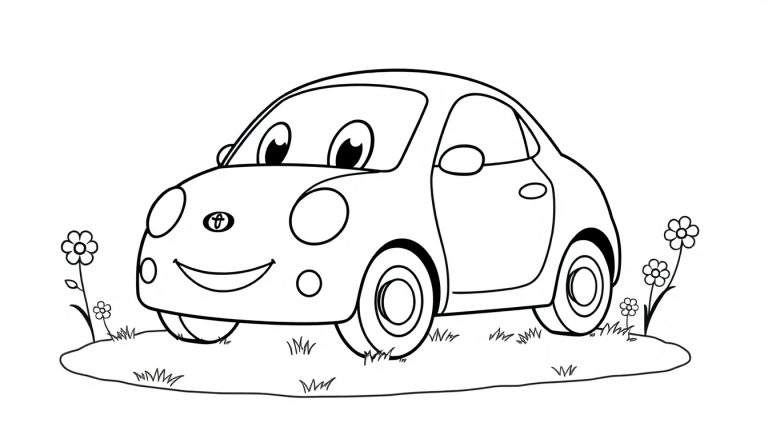 A cute Toyota car, ready for coloring, as a black and white line art color panel.