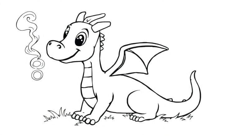 A cute baby dragon outlined in black on a color panel, sitting on grass and blowing smoke bubbles.