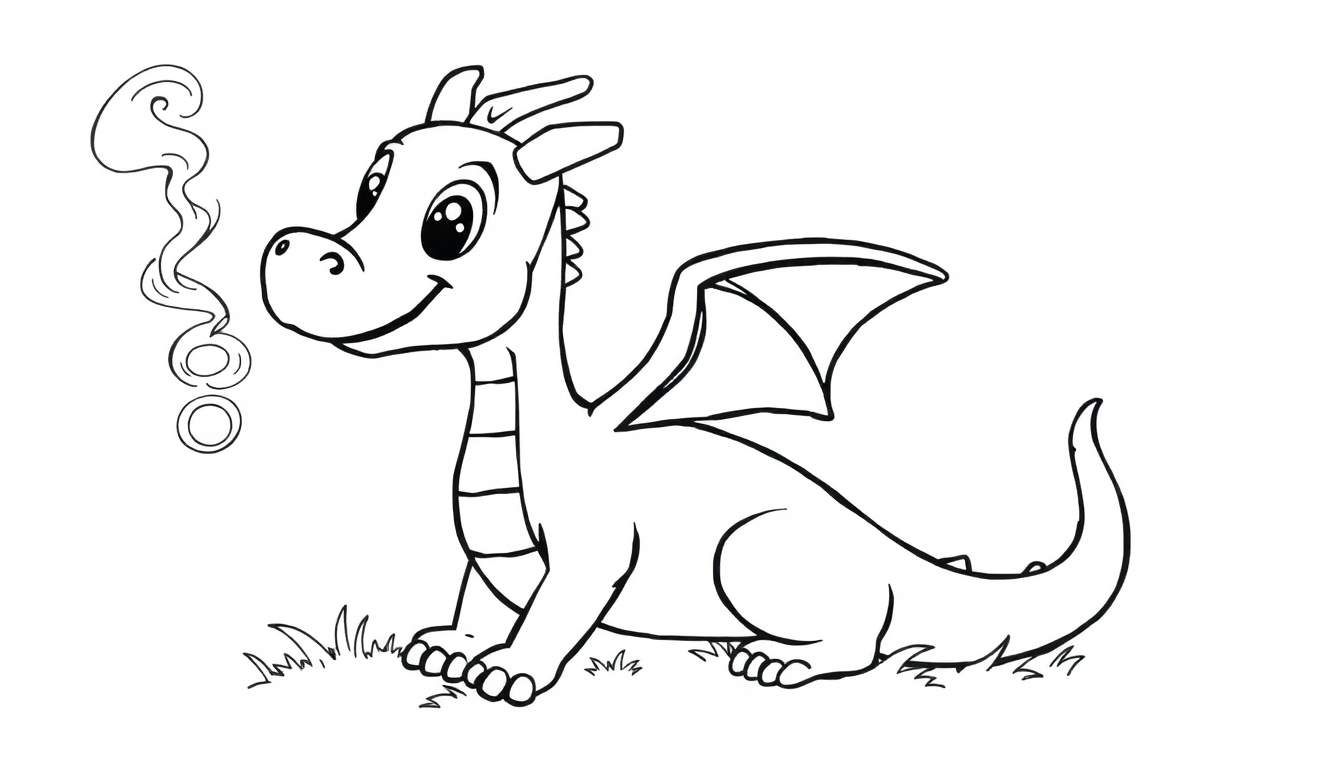 A cute baby dragon outlined in black on a color panel, sitting on grass and blowing smoke bubbles.