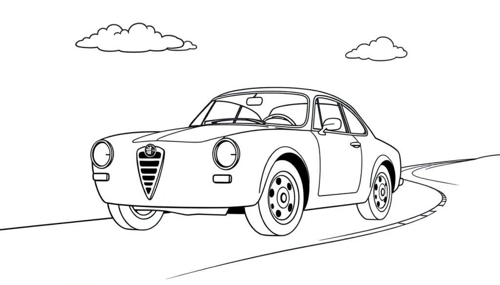 A black and white line drawing of an Alfa Romeo coupe on a road, ready for a color panel.